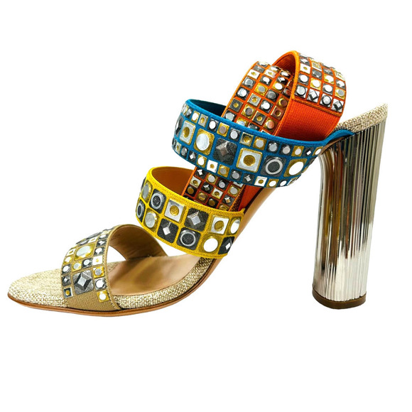 Casadei NWT Babilonia Made in Italy Silver & Multi-Color Chunky Heel Sandals 7 - Picture 10 of 16